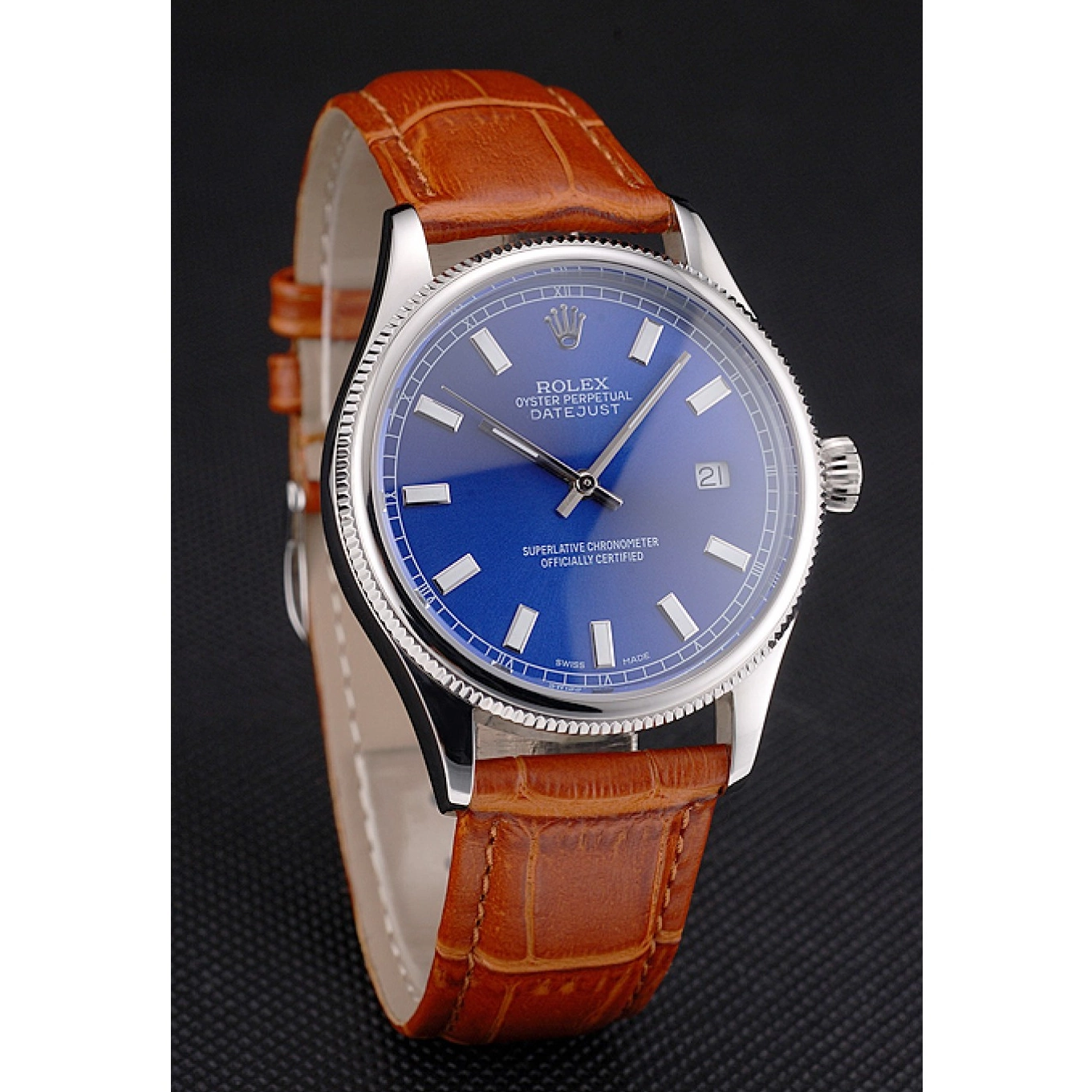 Aaa replica watch Leather Dial Datejust Blue Case Steel Swiss Stainless Light Brown Strap Rolex 0719